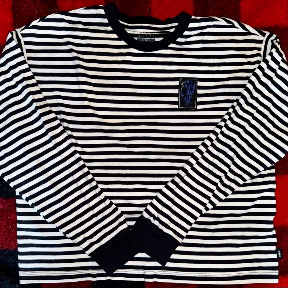 Vans Black and White Striped Tee with Blue Skeleton Patch
